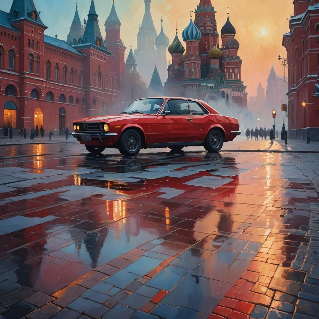 Modern Car in Red Square at Dawn