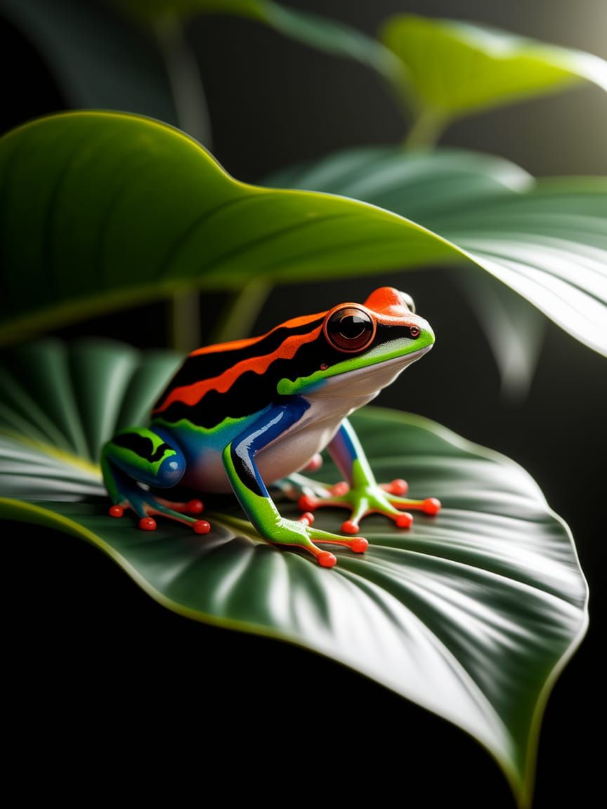 Vibrant Poison Dart Frog on Tropical Leaf in Macro Photograp...