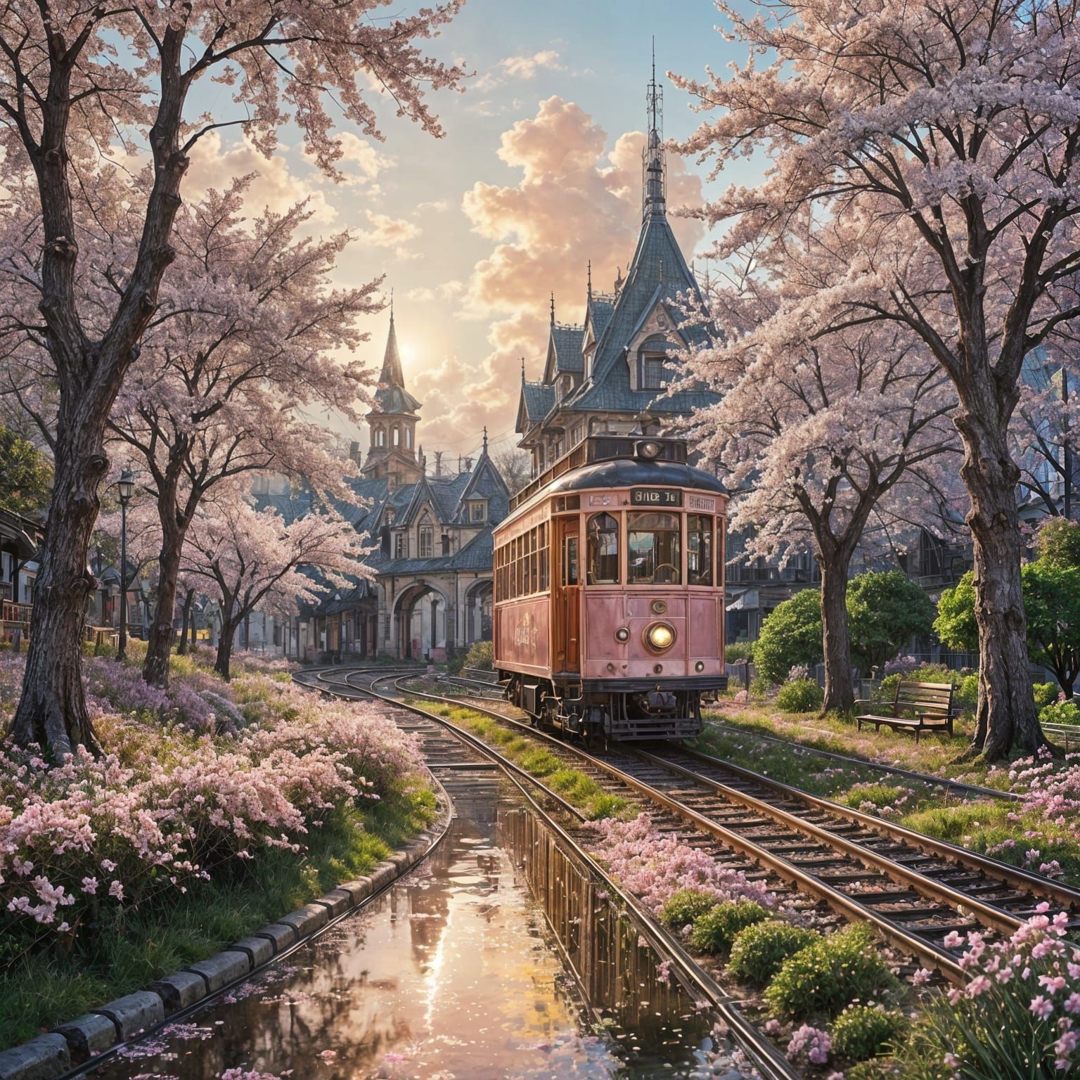 Surreal Cherry Blossom Tram in Warm Golden Light