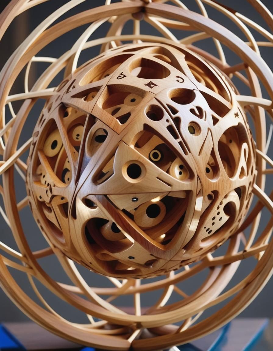 Carved Wooden Die Levitating in Geodesic Sphere