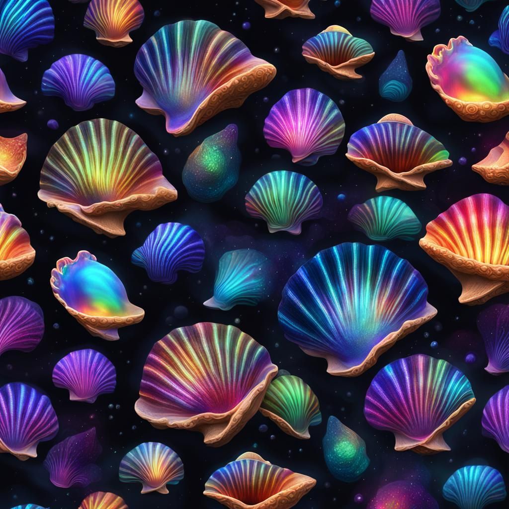 Iridescent Seashells on a Neon Beach, Digital Art