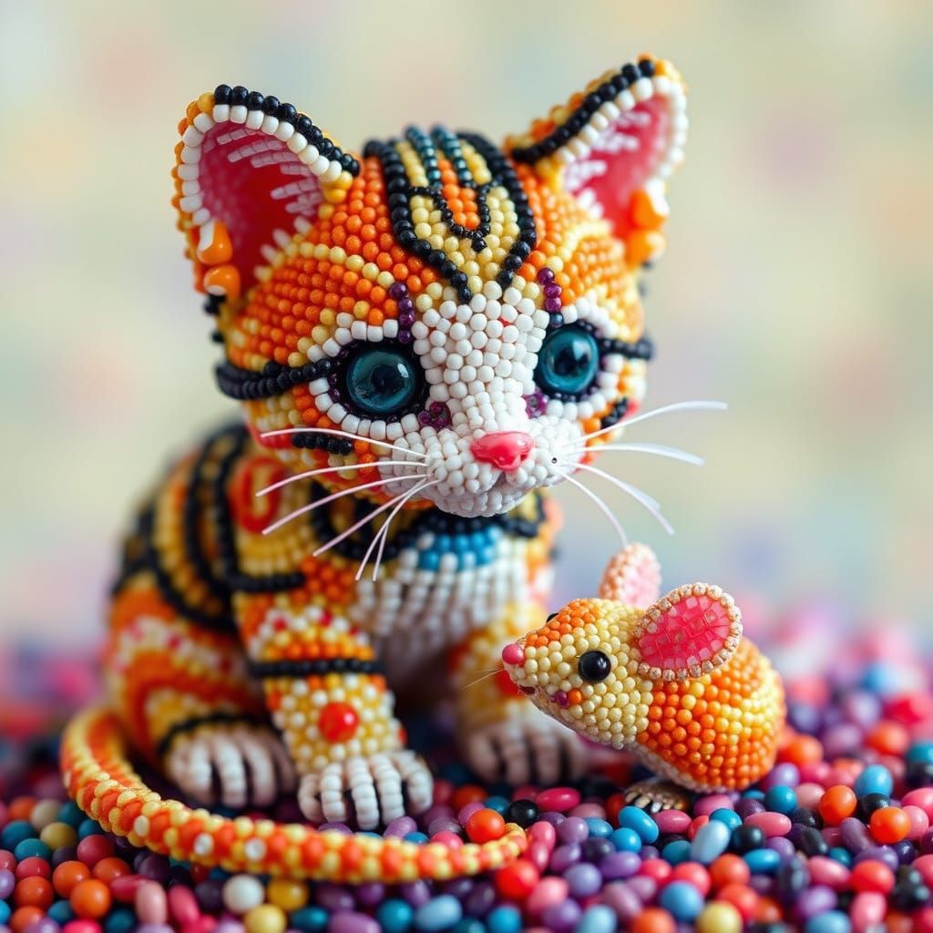 Beaded Kitten and Mouse in Whimsical Style