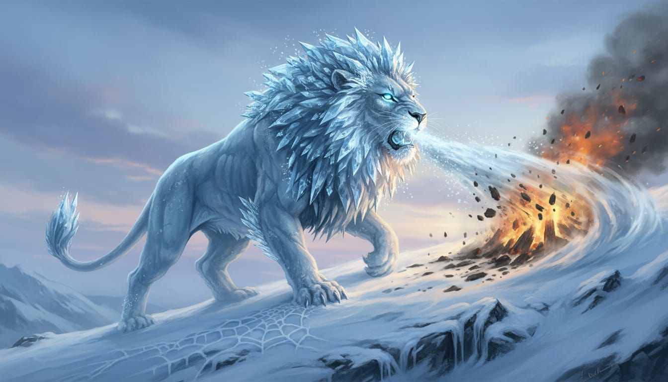 Majestic Frost Lion Sculpture in Icy Winter Landscape