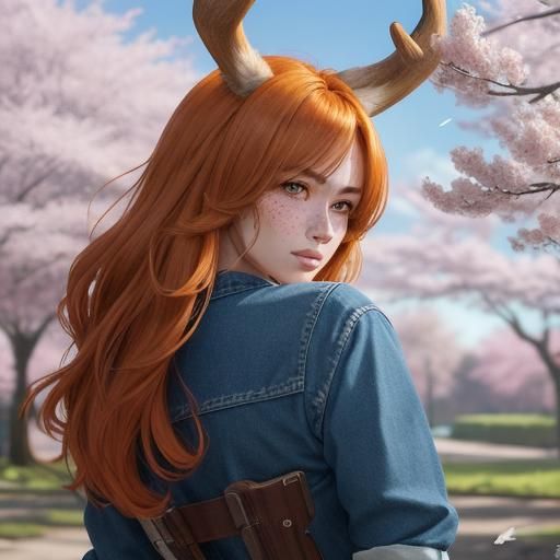 Anime Style Woman with Antlers and Rabbit Ears