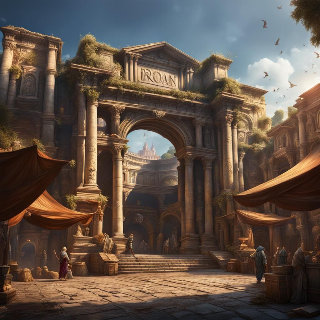 Grand Roman Market Entrance: Detailed Matte Painting