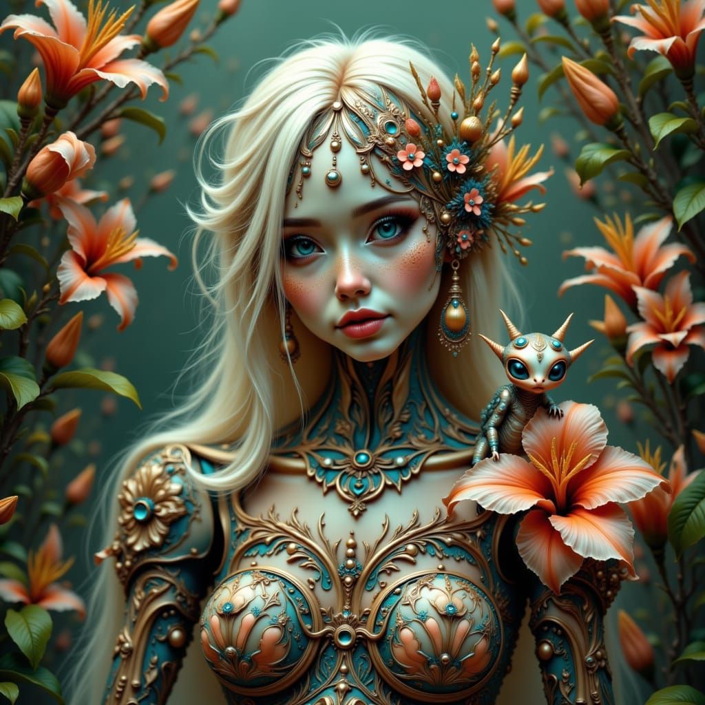 Woman, Tiki Robot and Alien Pet in Fantasy Art