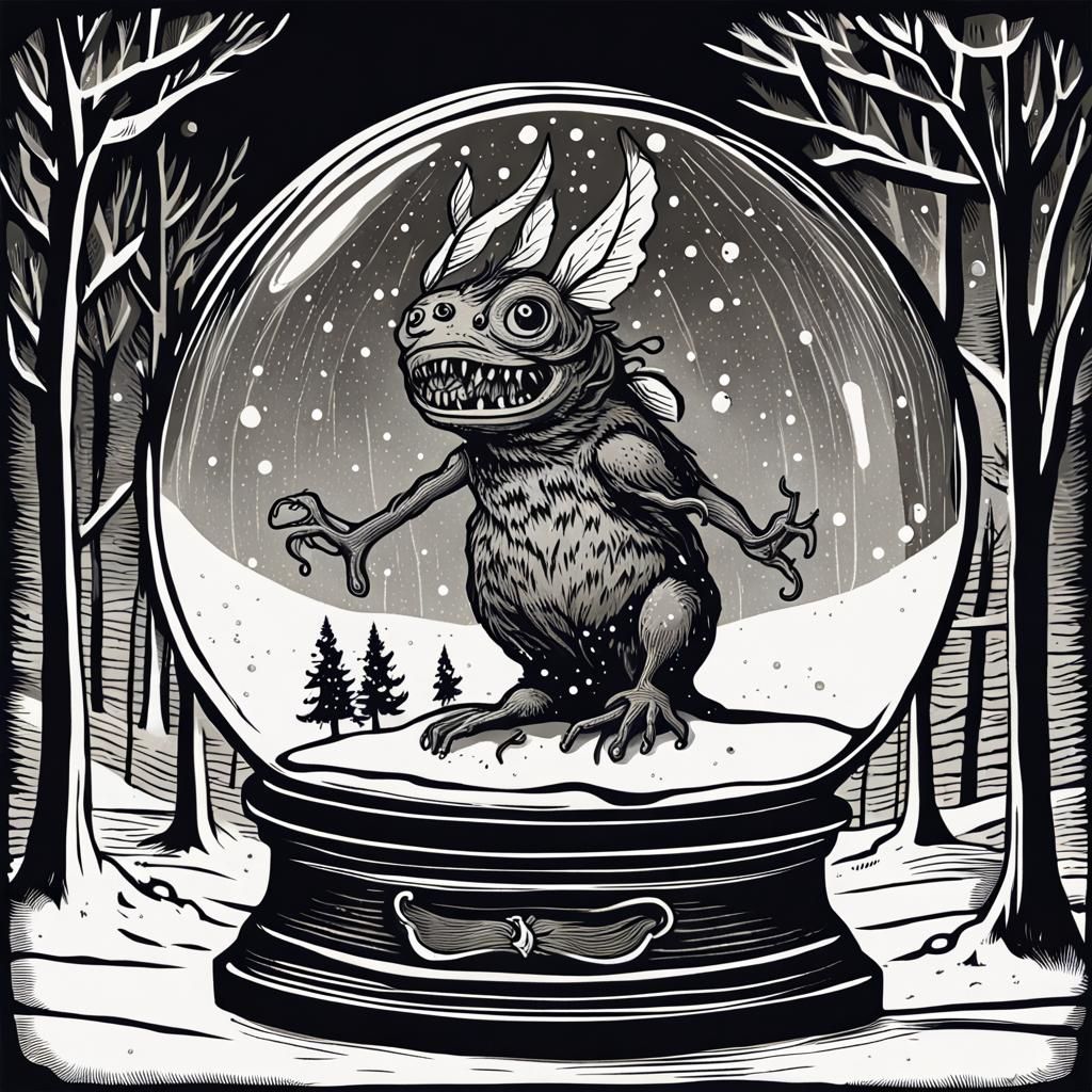Fairy Monster Trapped in Snow Globe Linocut