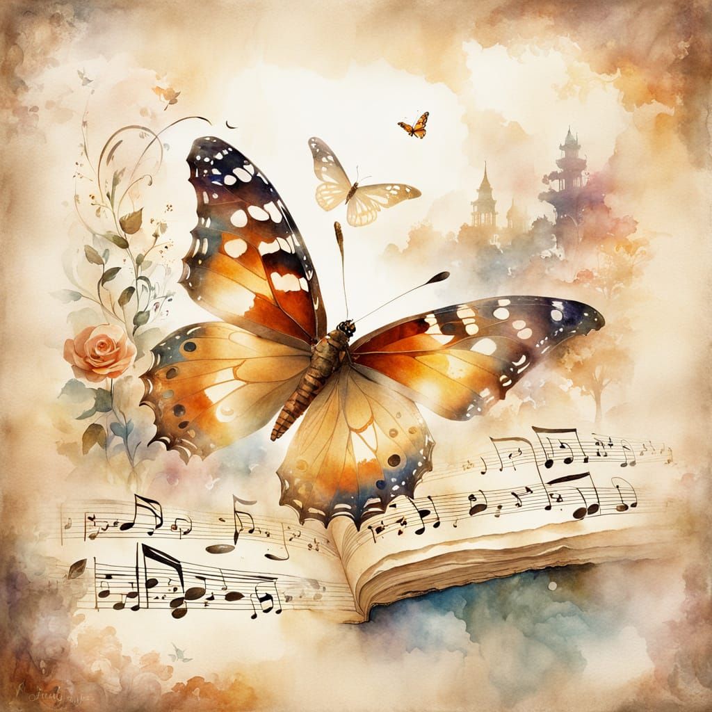 Painted Lady Butterfly on Faded Musical Sheet in Dreamlike M...