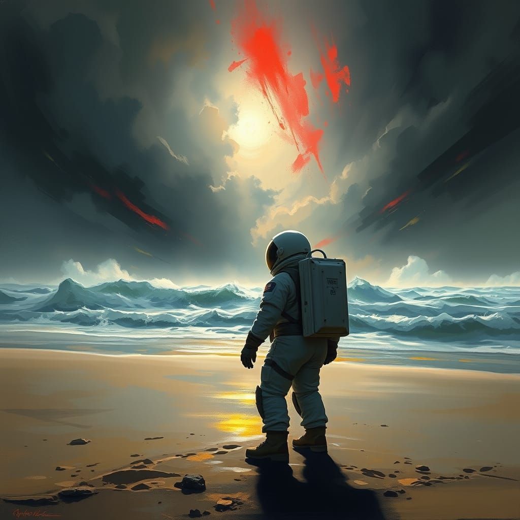 Astronaut Gazing Out at a Turbulent Sea in a Dramatic Turner...
