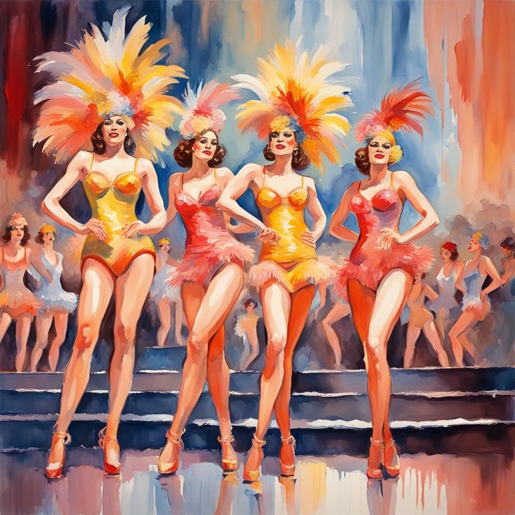Las Vegas Showgirls in Gouache Watercolor Style