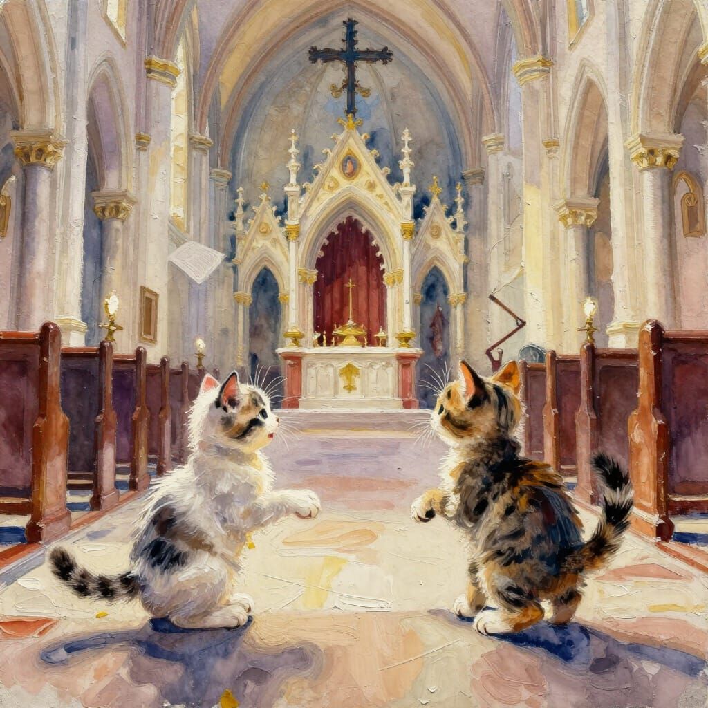 Kittens Play in Church as Watercolor Masterpiece