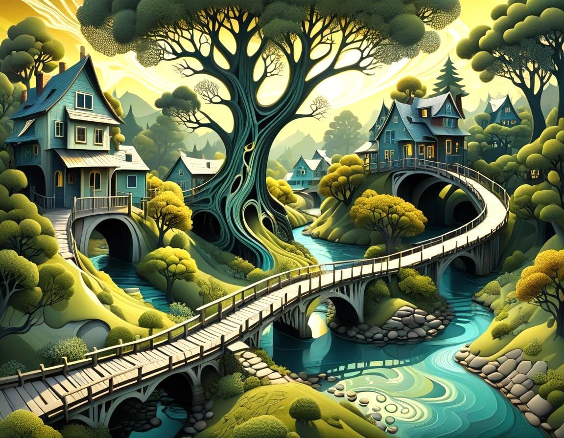 Whimsical Landscape with Houses in Abstract Vector Style