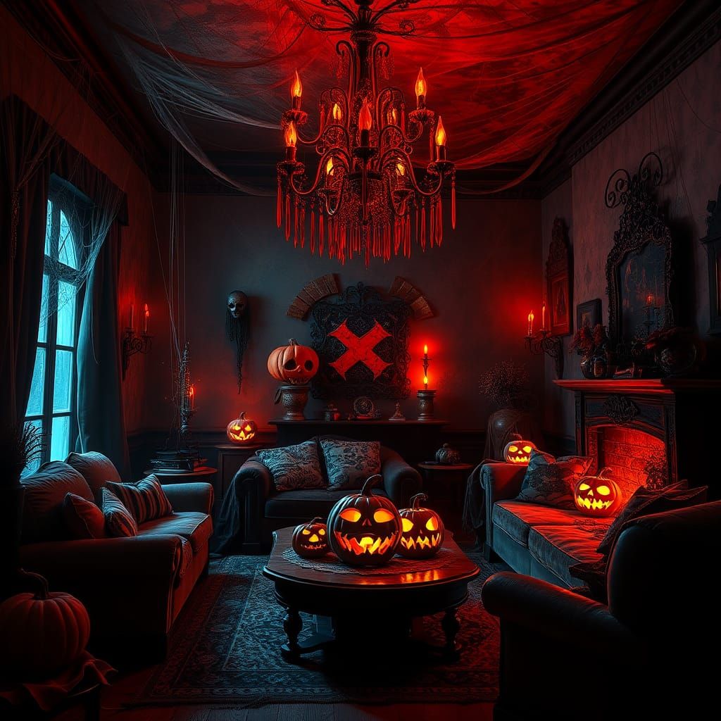 Eerie Halloween Living Room with Spooky Decorations