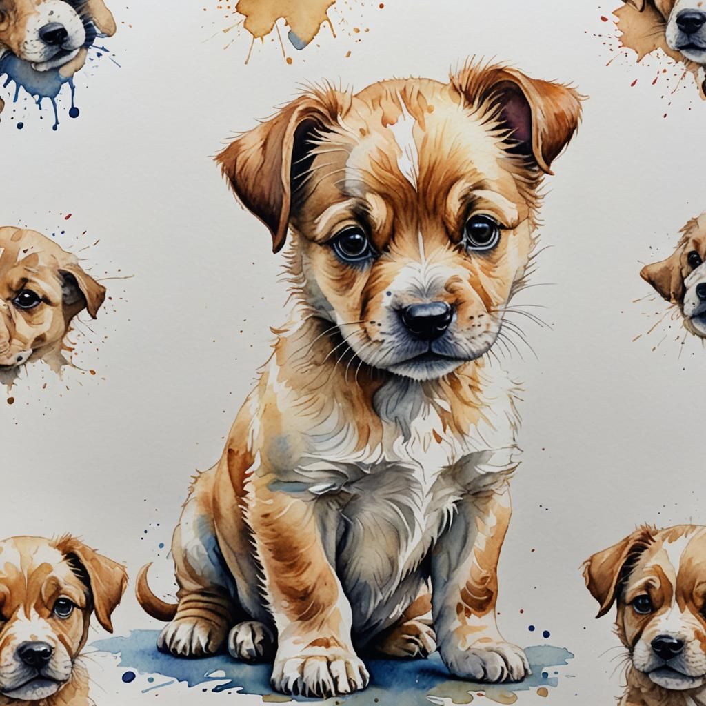 Detailed Watercolor Puppy Design on White Background