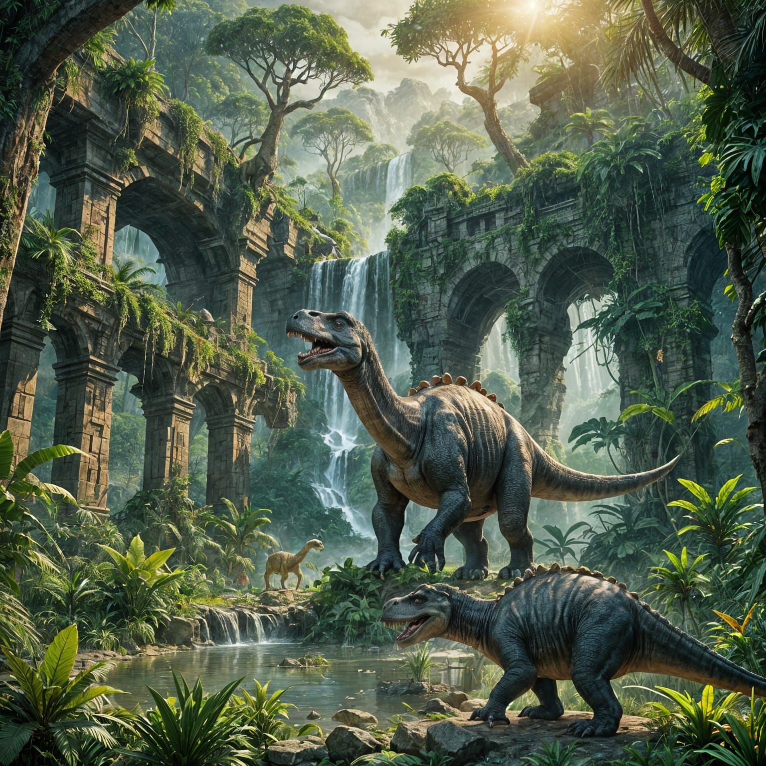 Lush Jungle Waterfall Scene with Dinosaurs