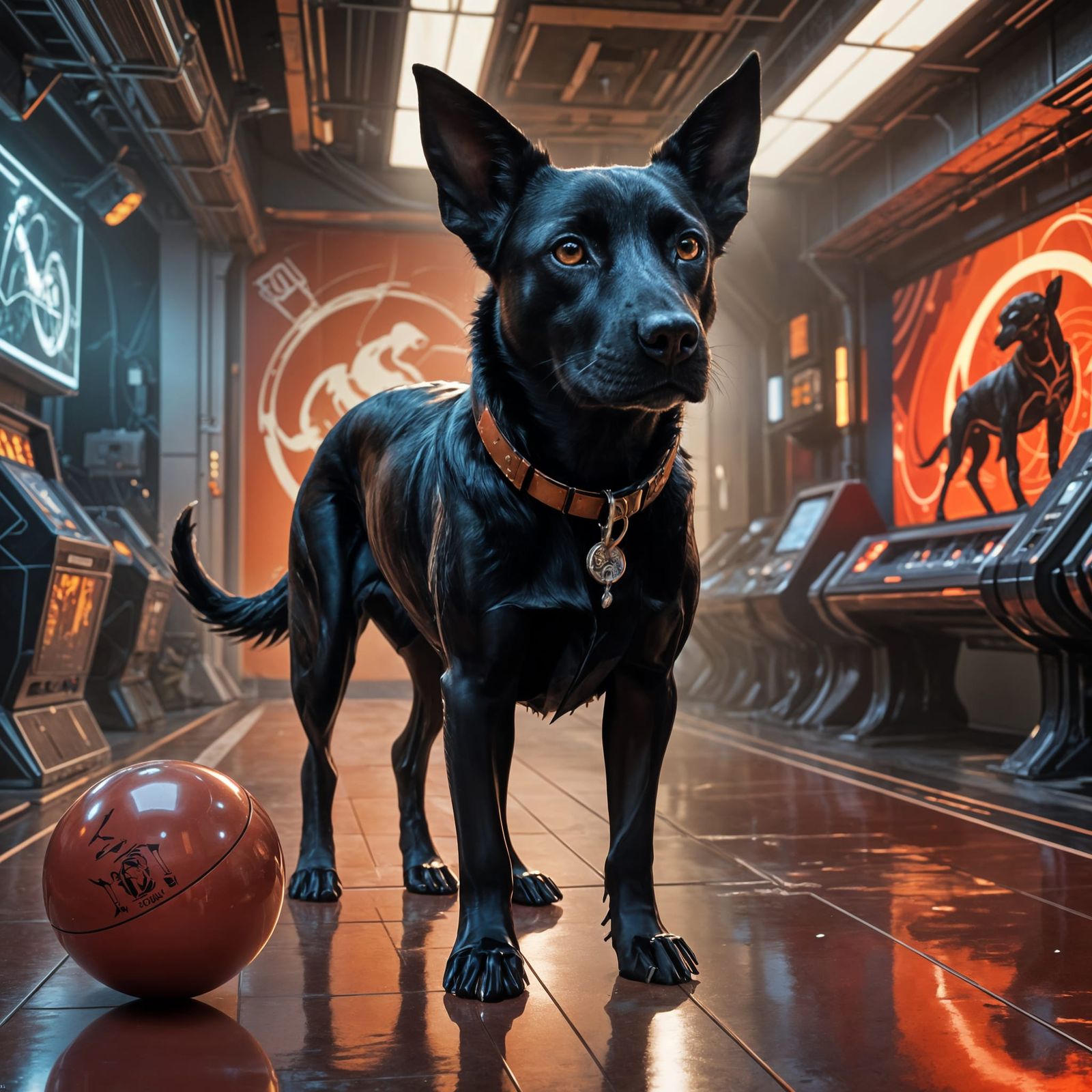 Athletic Black Dog Poses Confidently on a Retro-Style Bowlin...