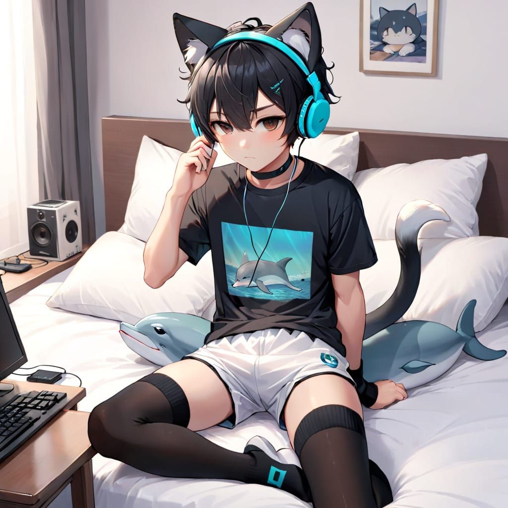 Boy with Cat Features Typing on Computer