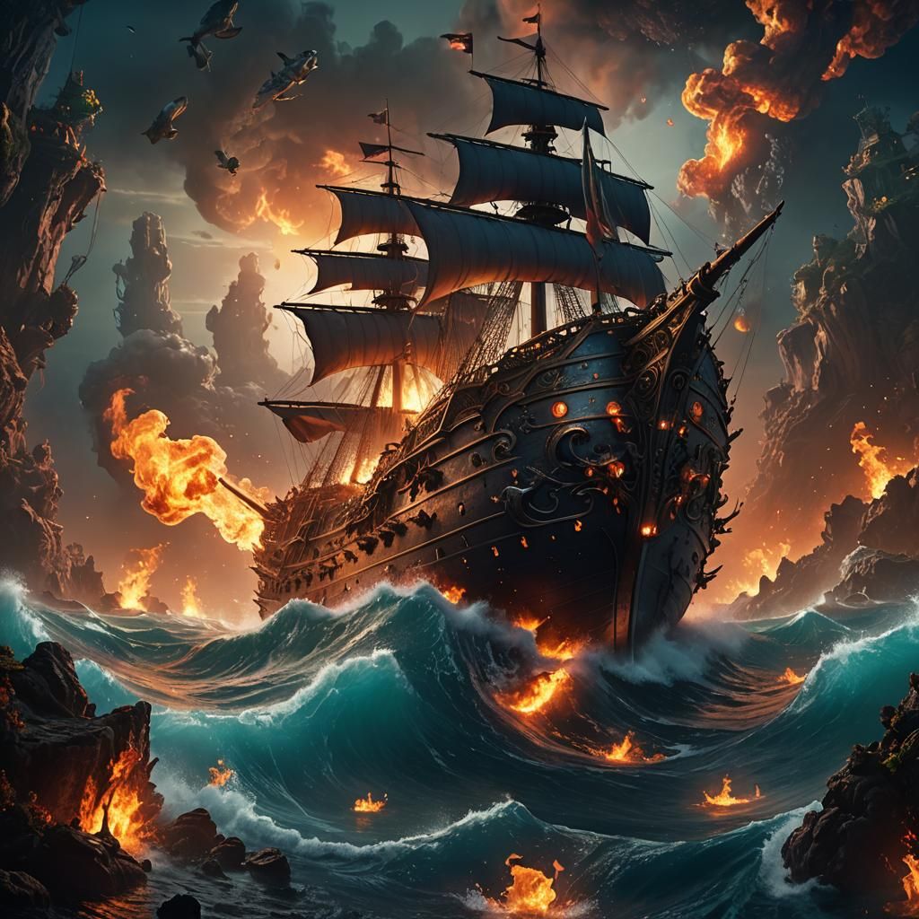 Burning Ship Undersea: Fantastical Concept Art