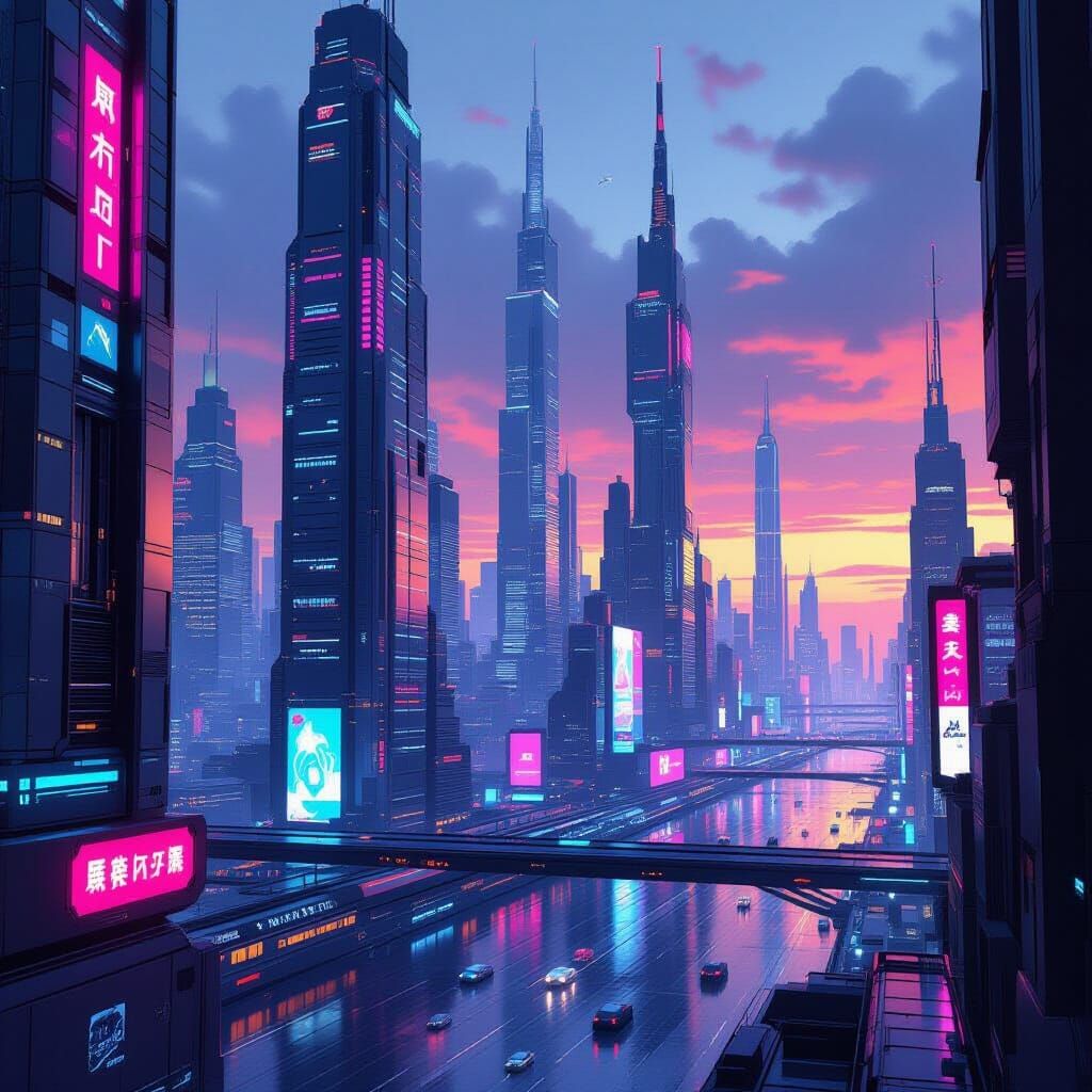 Cyberpunk Cityscape with Neon Lights and Skyscrapers