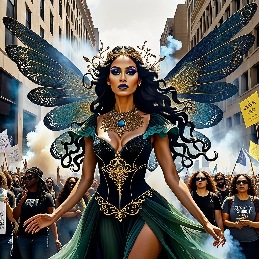 Winged Fairy Leads Protest March in Gothic Generative Art