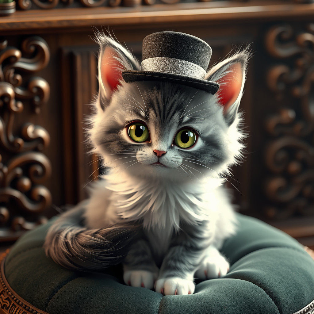 Kitten in Top Hat: Adorable 3D Anime Artwork