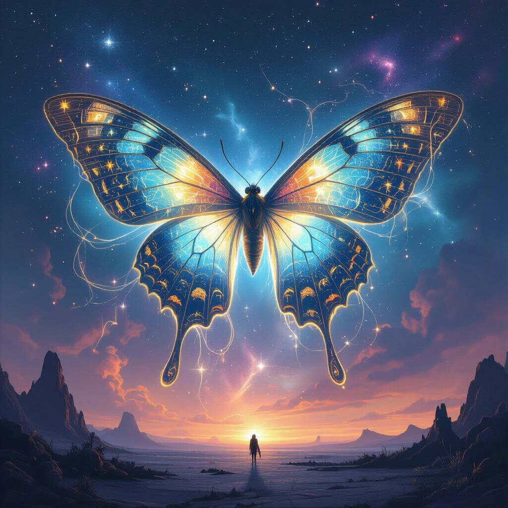 Cosmic Moth Over Alien Landscape in Surrealist Style