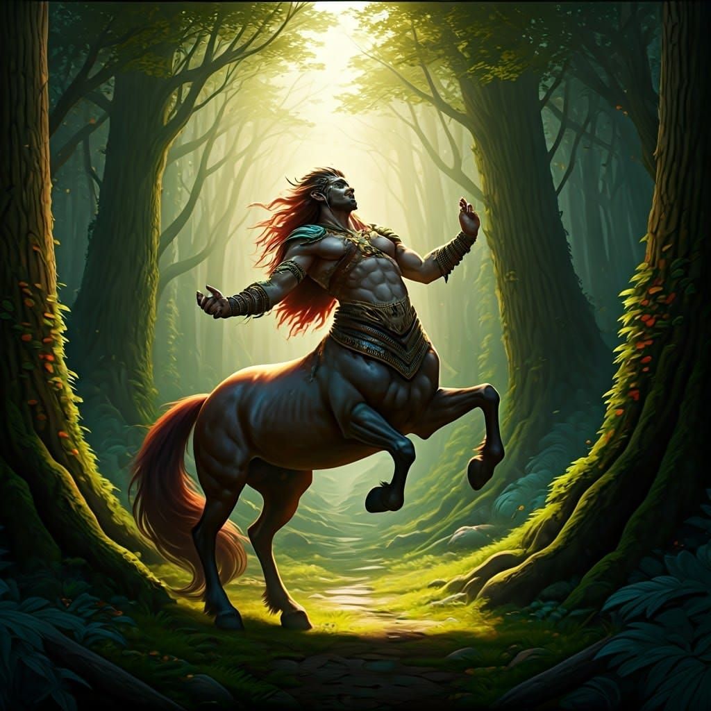 Centaur Warrior Prancing in Forest: Fantasy Concept Art