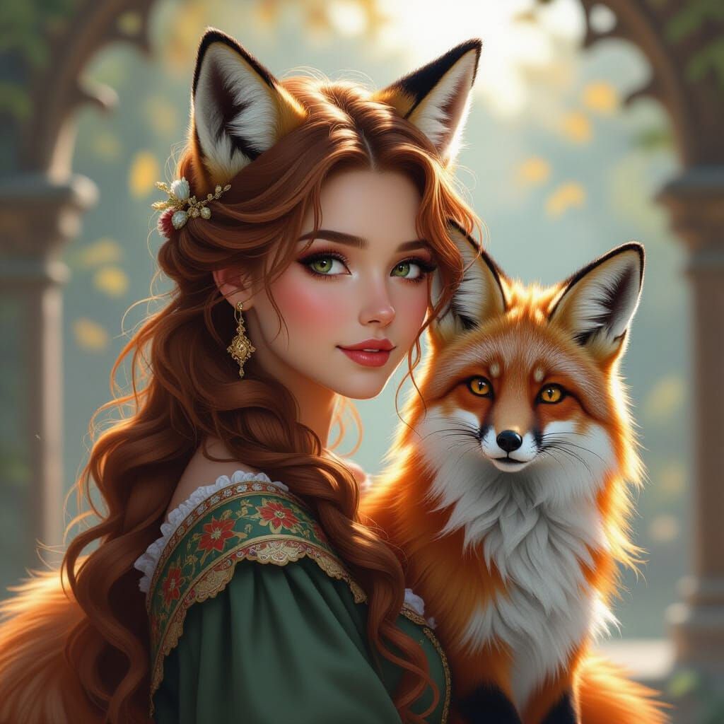 Medieval Lady with Fox Companion, Art Nouveau