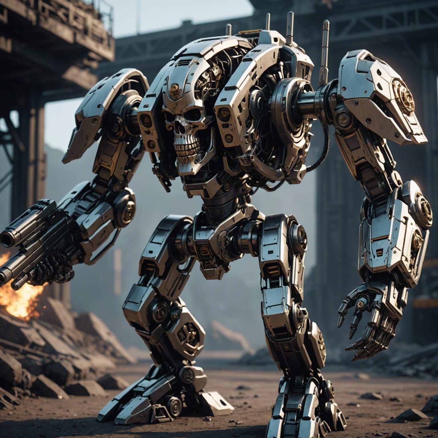 Futuristic Skull Mech with Dual Firearm in 8K