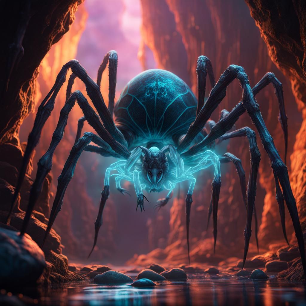 Bioluminescent Spiders in a Crystal Cave: Fantasy Art