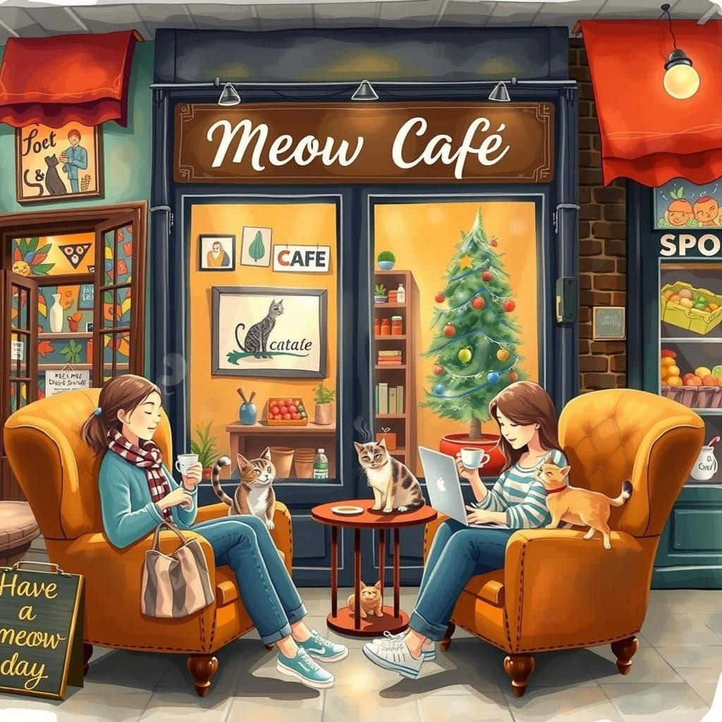 Cozy Watercolor Cafe Scene with Adorable Cats