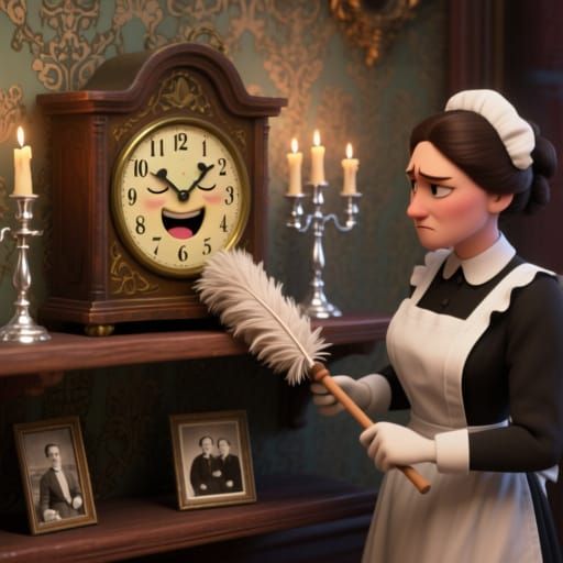 Tickled Clock with Feather Duster Servant in Victorian Room