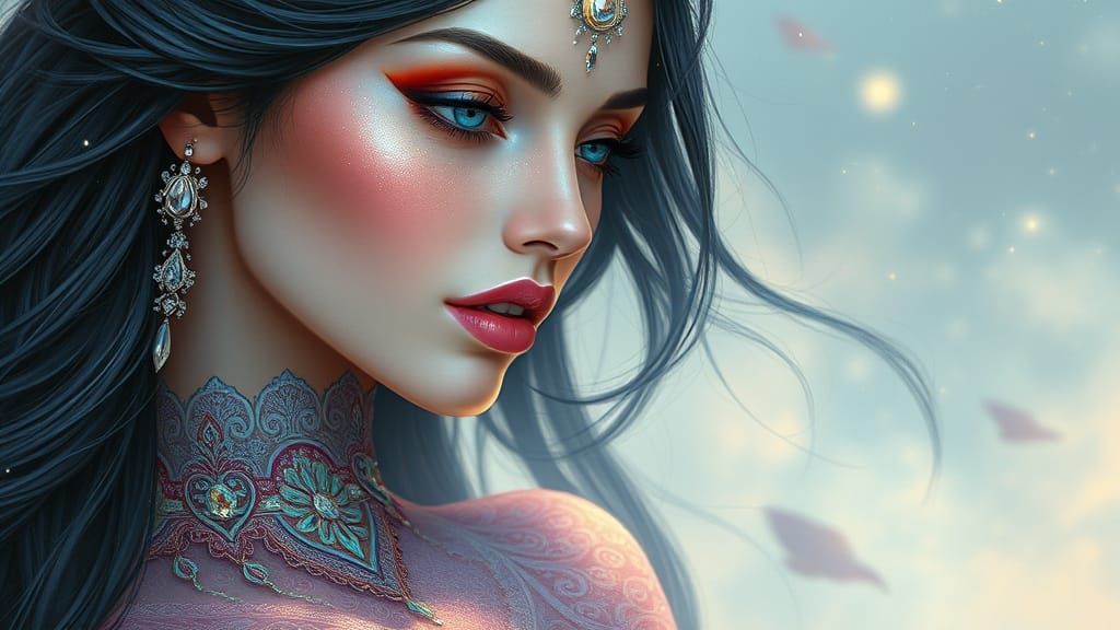 Enchanting Woman in Iridescent Gown with Futuristic Jeweller...