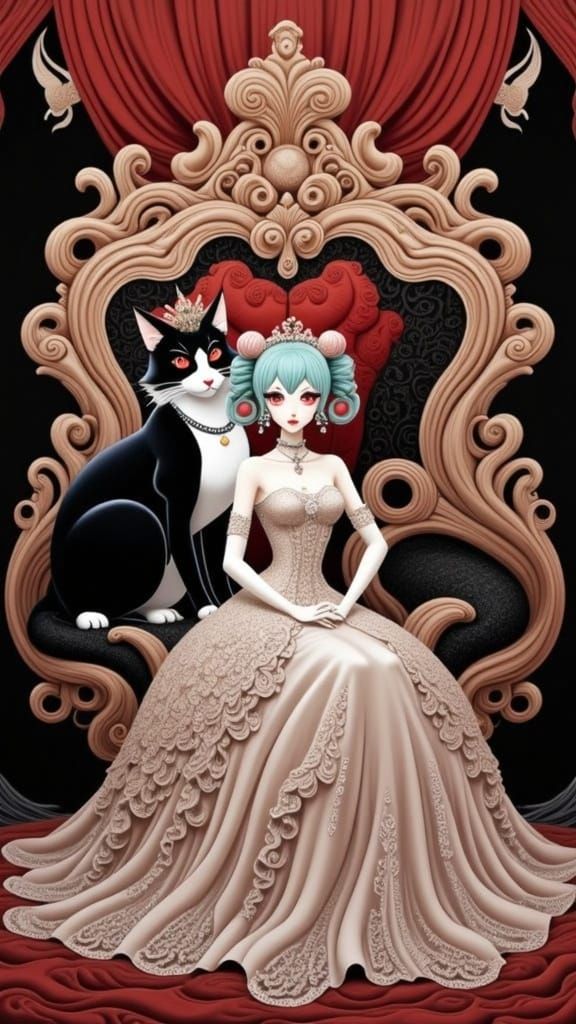 Regal Portrait of Hatsune Miku and Majestic Tuxedo Cat