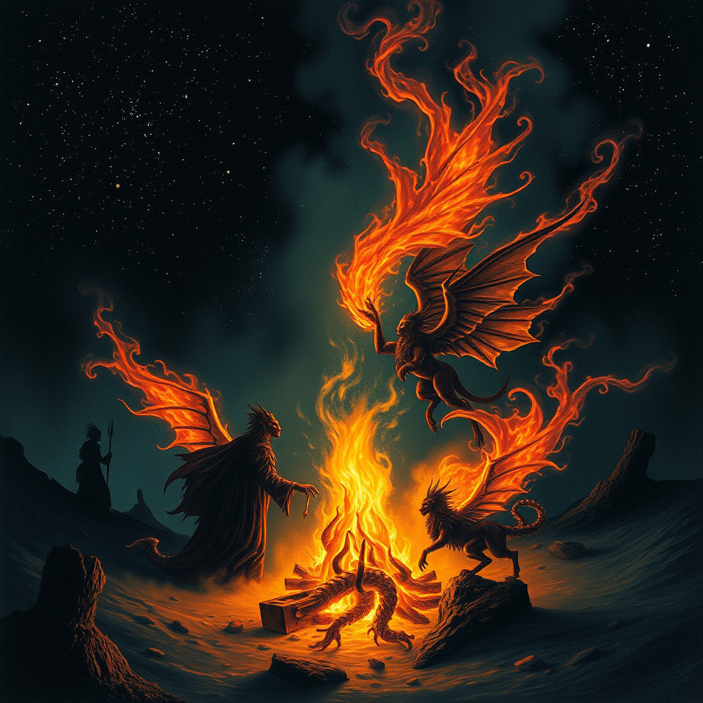 Ethereal Firelight Silhouettes of Mythical Creatures