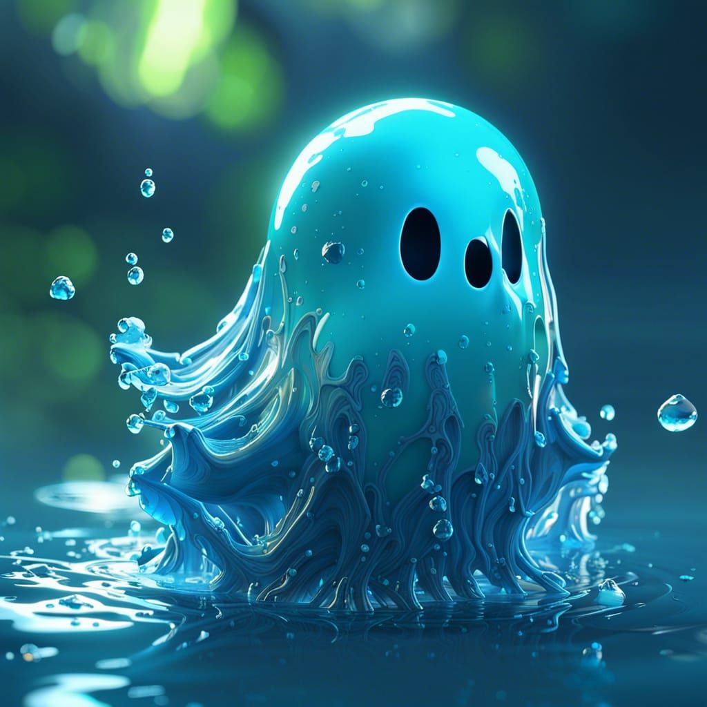 Reflective Blue Ghost with Water Splash in 3D