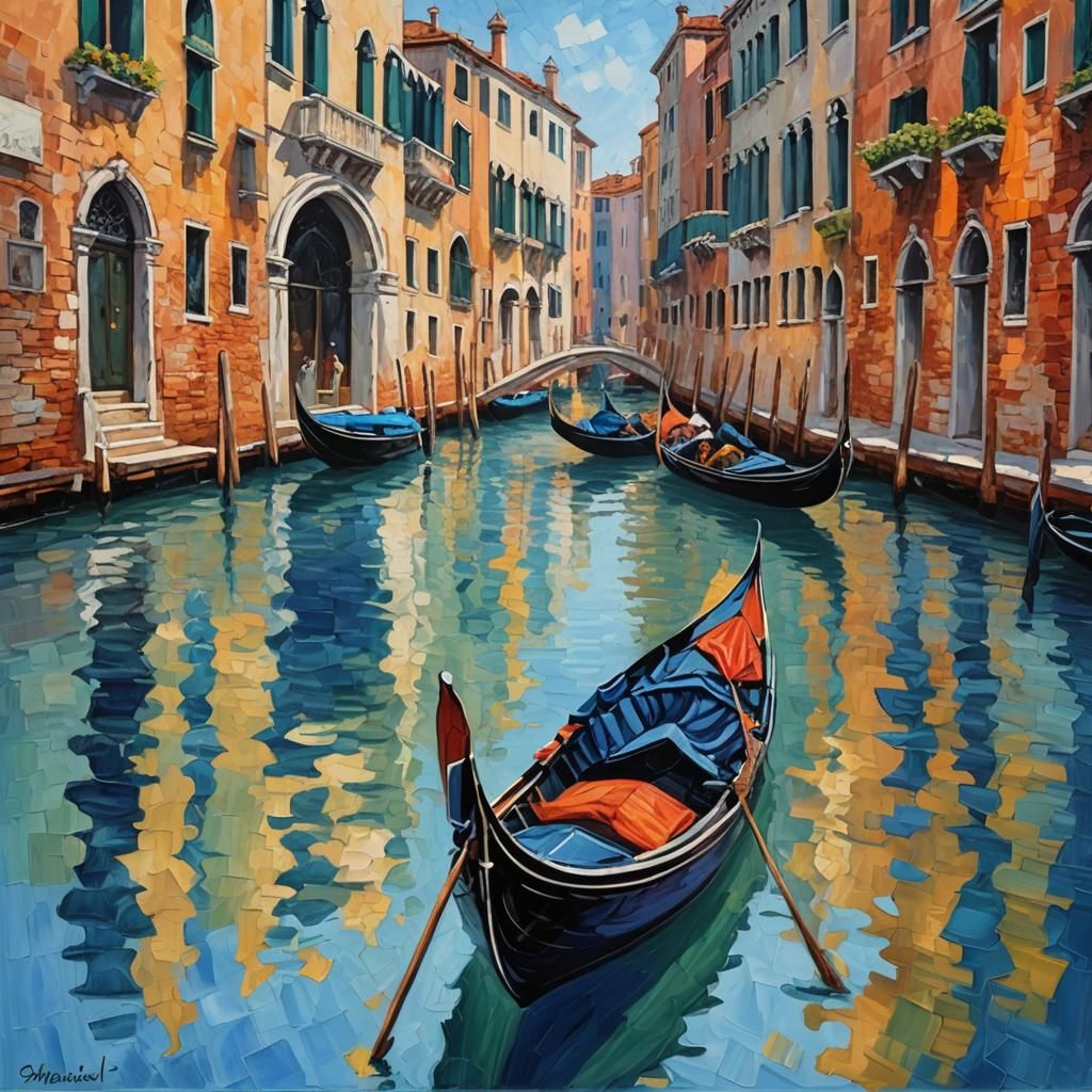Venice Gondolas in Expressionist Neo-Impressionism Style