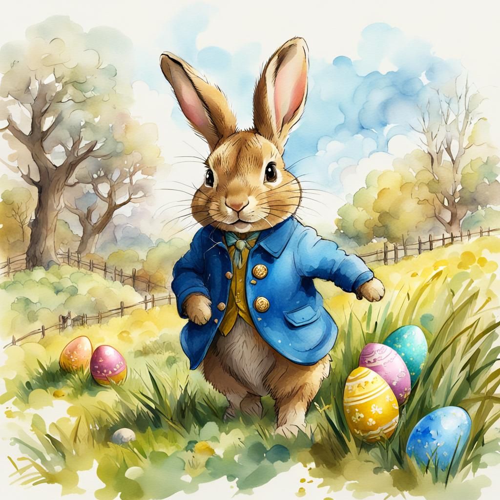 Peter Rabbit's Easter Egg Hunt: Watercolor Illustration