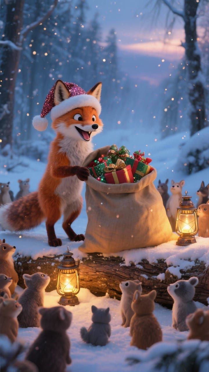 Adorable Fox in Santa Hat with Christmas Presents