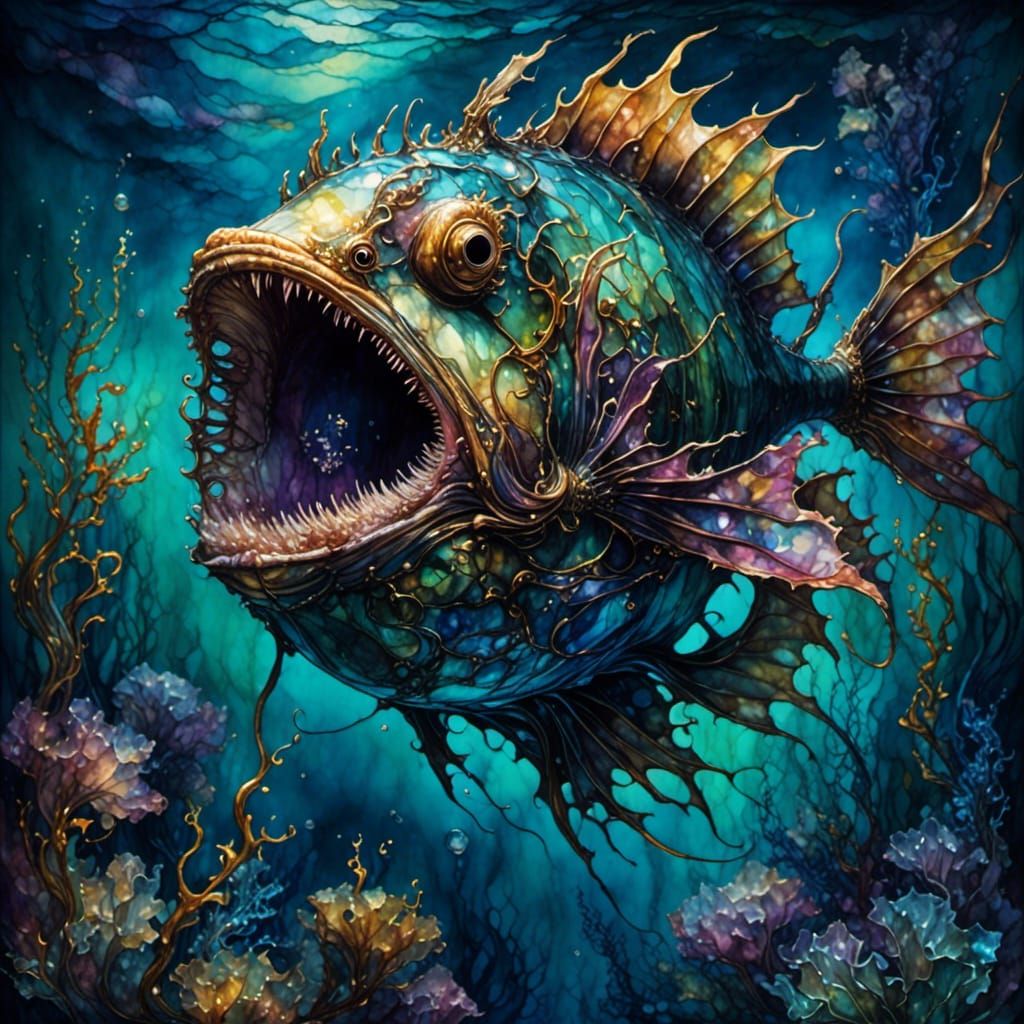 Deep-Sea Anglerfish in Alcohol Ink Style