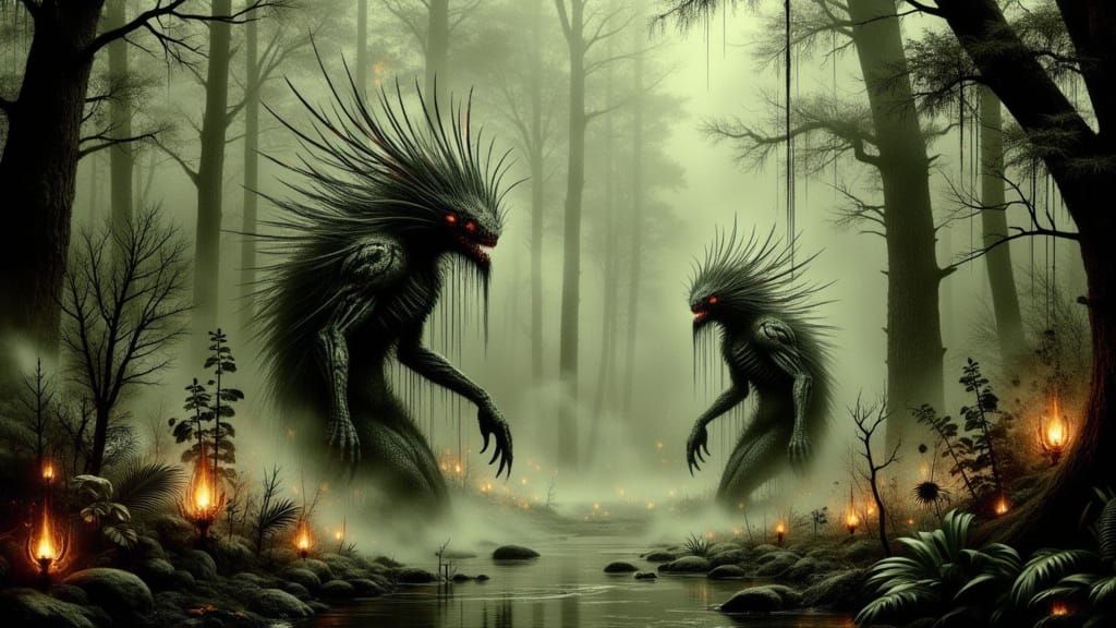 Eerie Swamp Creatures on Exoplanet in Visceral Style