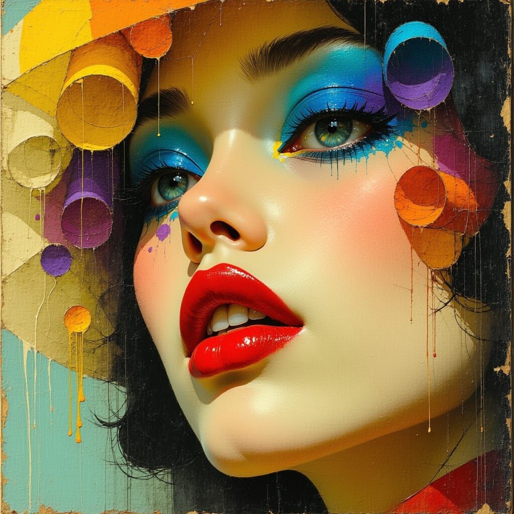 Surreal Portrait of Woman with Blue Eyeshadow and Colorful H...
