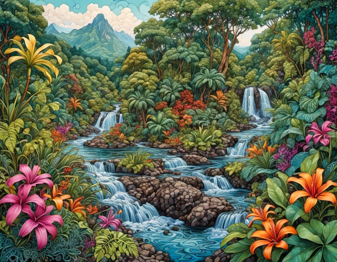 Lush 3D Zentangle Tropical Jungle Landscape