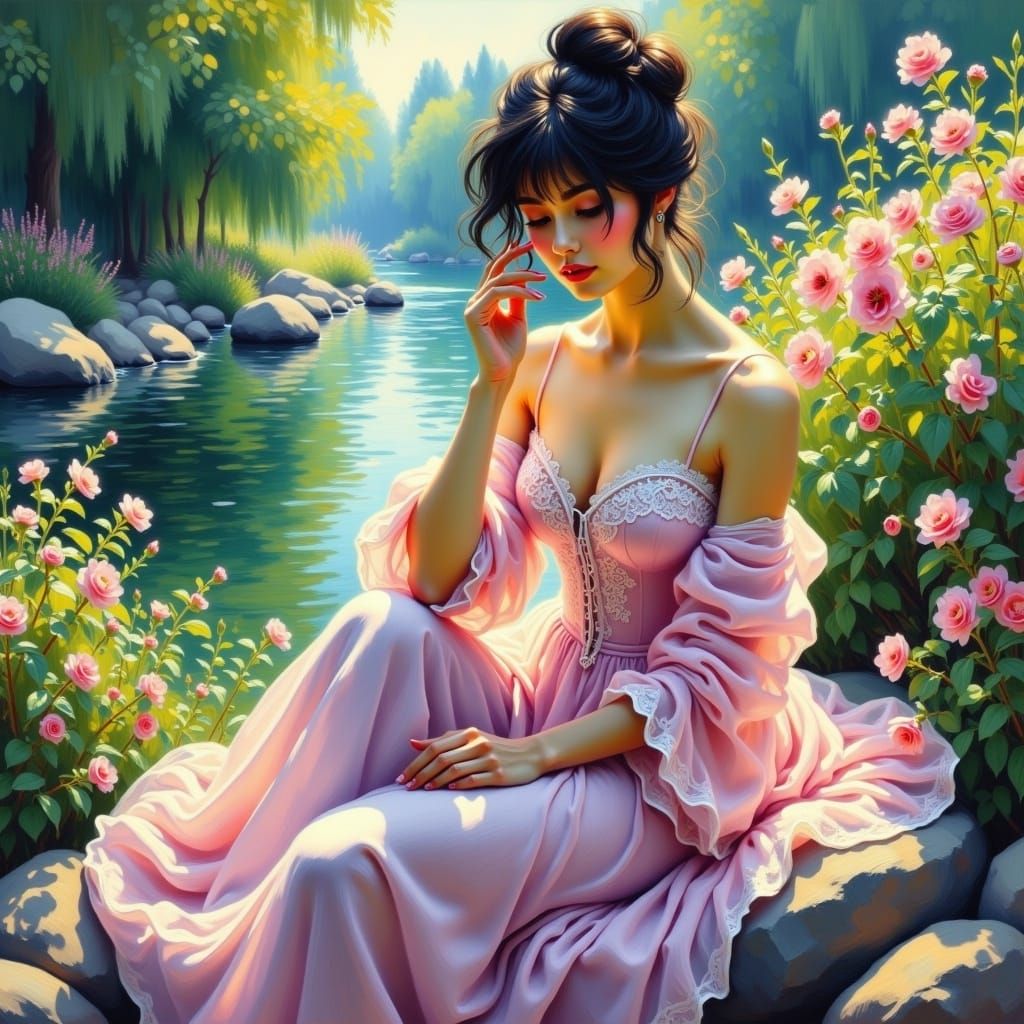 Whimsical Woman in Dreamy Impressionist Oil Painting