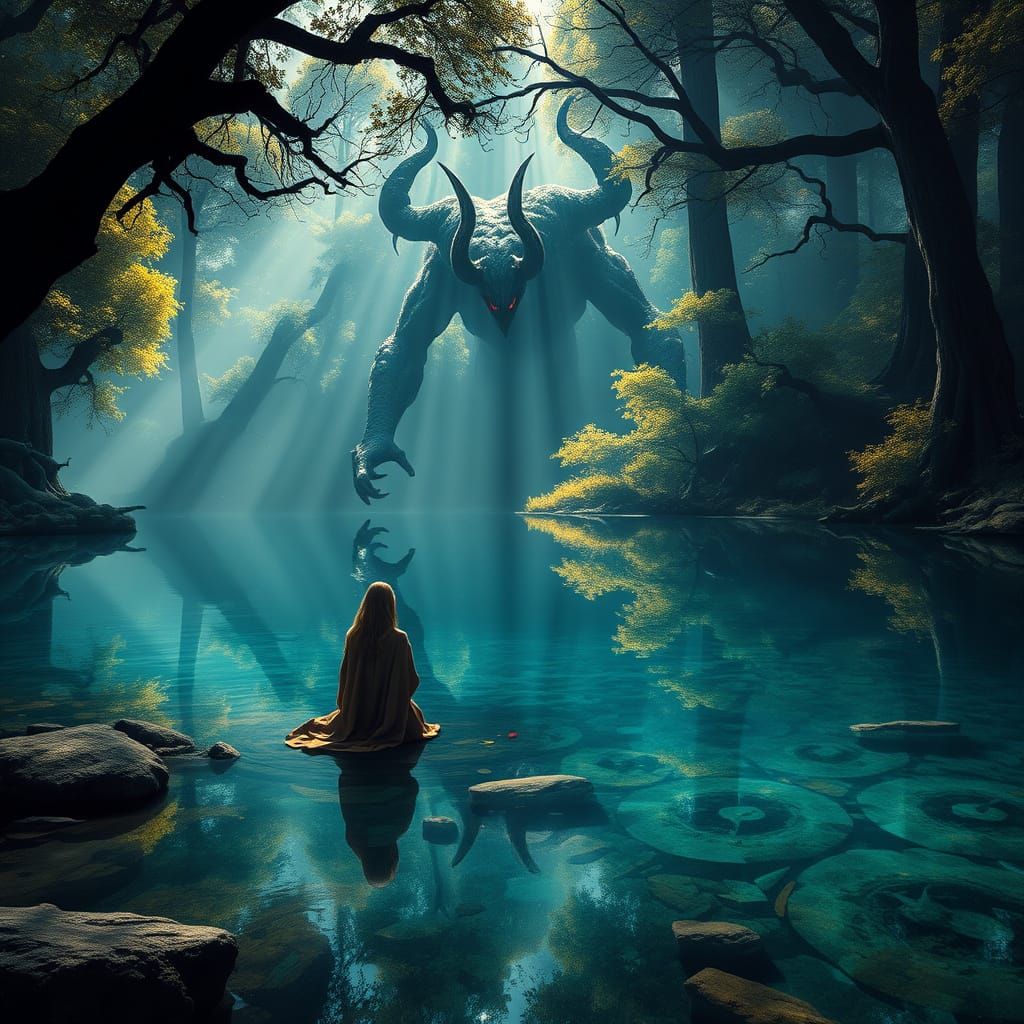 Woman in Mystical Forest Confronts Twisted Creature