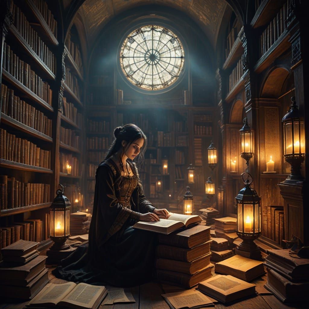 A Scholar Lost in Ancient Tomes Amidst a Gothic Library
