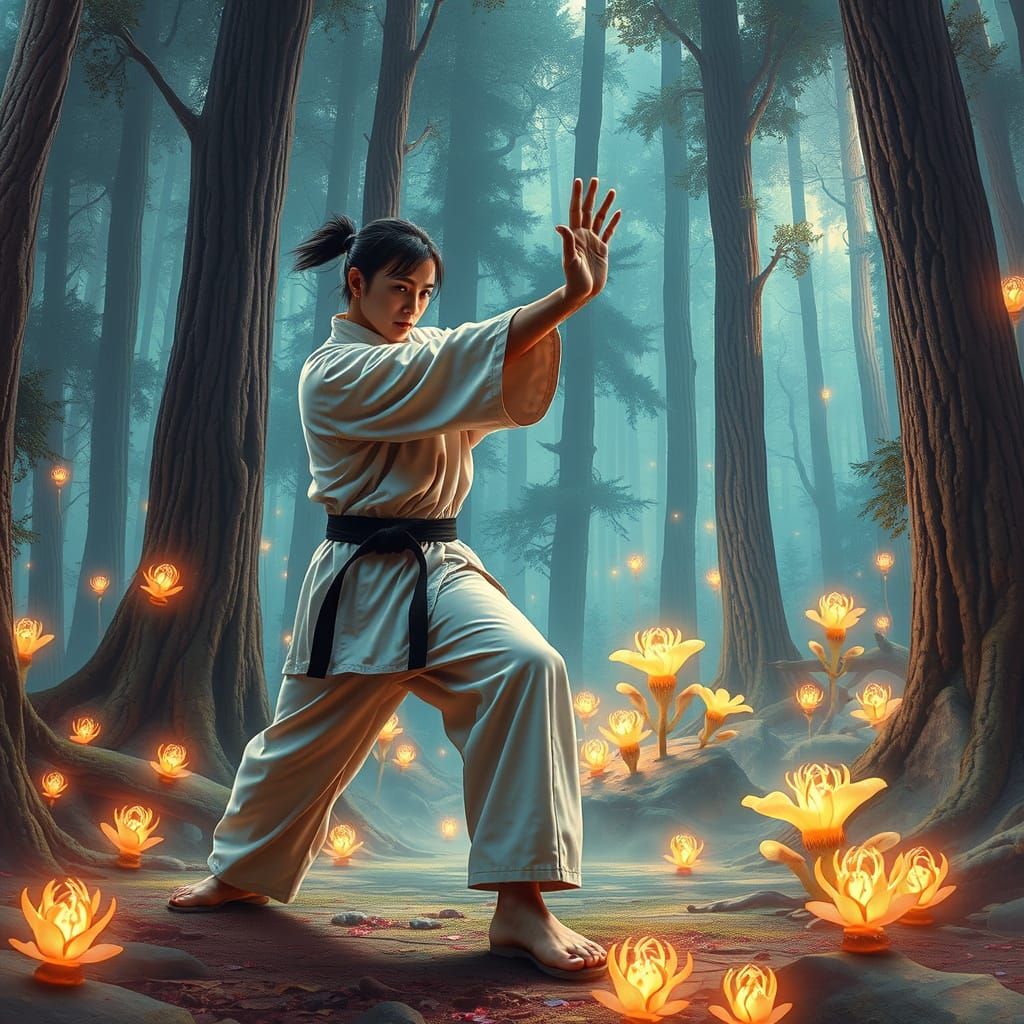 Martial Artist in Bioluminescent Forest, Psychedelic Style