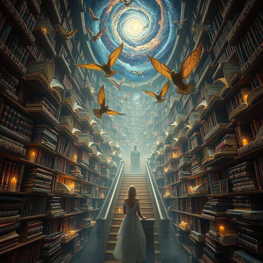 Surreal Library: Books Soar in Endless Stairways