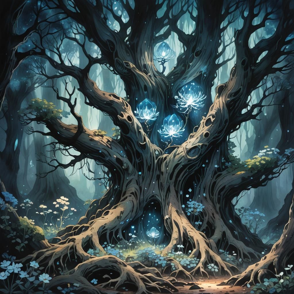 Glowing Crystal in Dark Forest, Anime Watercolor