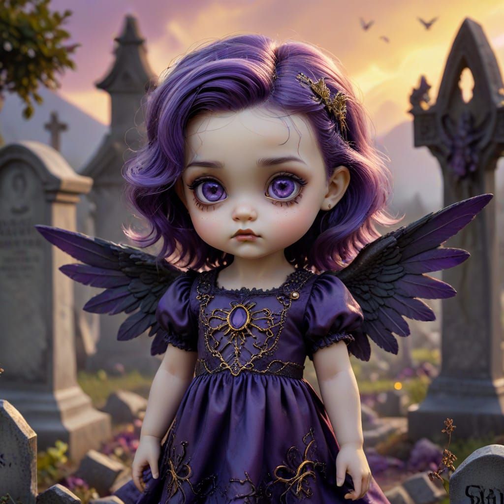 Gothic Surrealism: Baby Dark Angel in Misty Graveyard